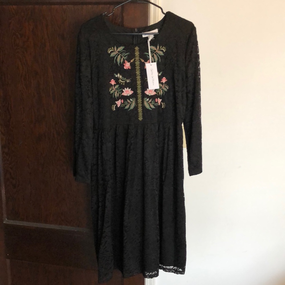 Ashley Lemieux black lace embroidered midi dress